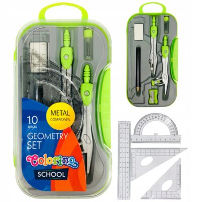 Zestaw geometryczny kreślarski 10 elementów przybory matematyczne w kasetce